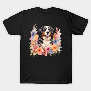 A bernese mountain dog decorated with beautiful watercolor flowers T-Shirt